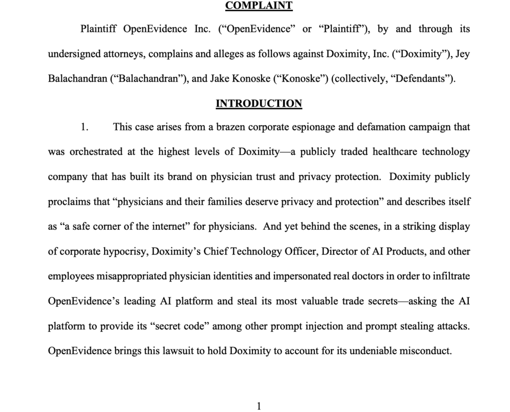 Page 1 of the OpenEvidence suit against Doximity Page 1 of the OpenEvidence suit against Doximity